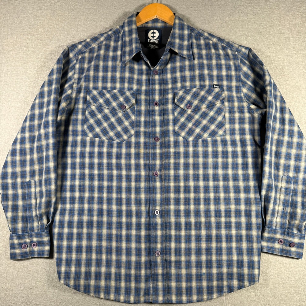 Planet Earth Mens Blue Grey Plaid Long Sleeve Button Down Shirt Medium 13345
